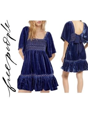 Free People Easy To Love Mini Dress Blue Velvet Embroidered Smocked Size SM
